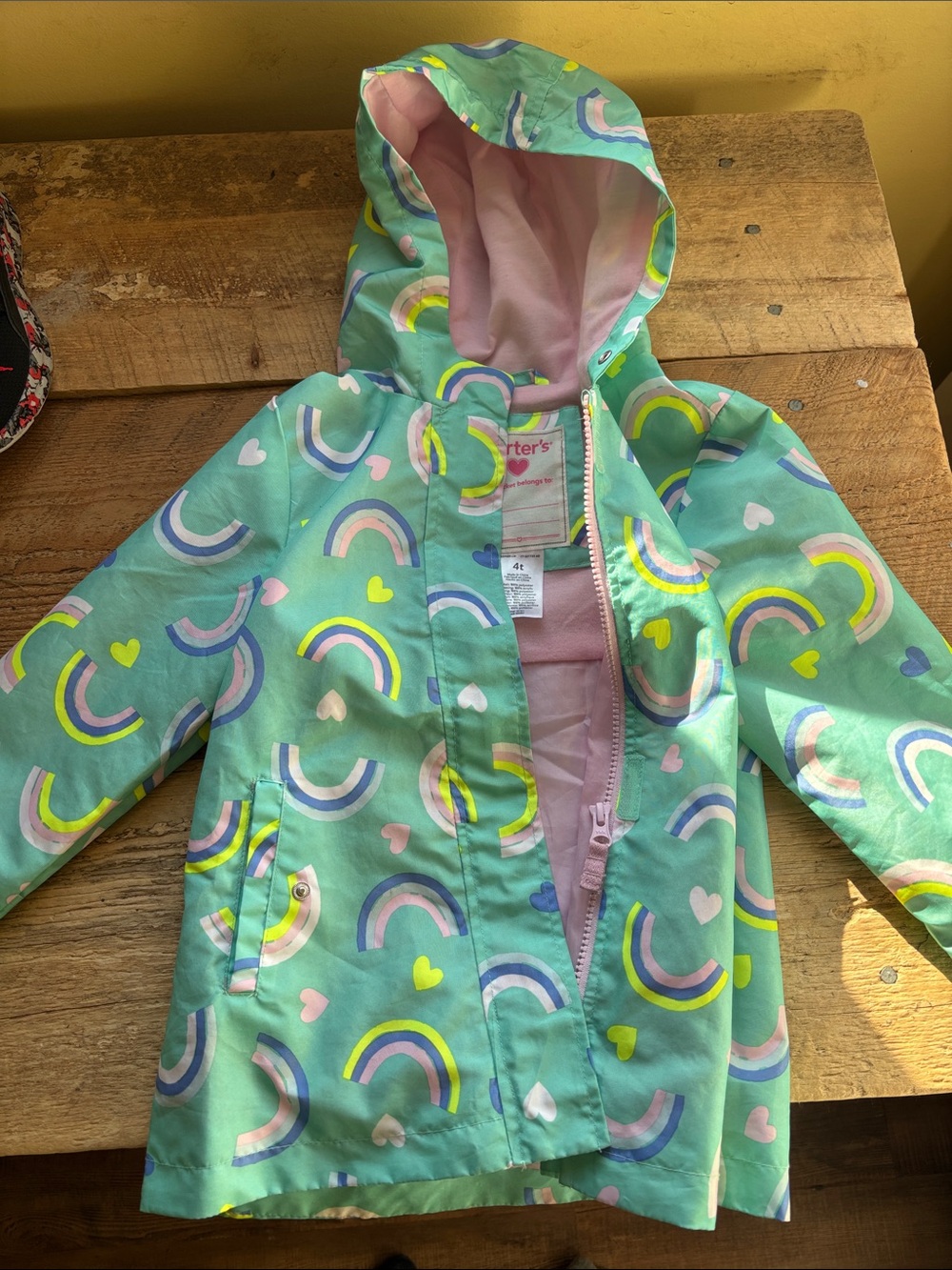 Carter's Mint Green Hooded Raincoat with Rainbow & Heart Motif